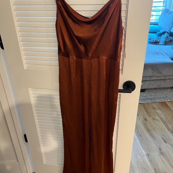 Cocktail Hour Draped Cognac Satin Jumpsuit - Picture 4 of 4